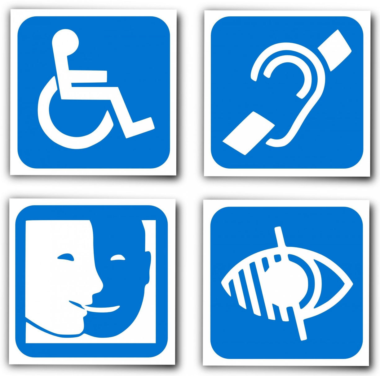 4 Pictogrammes bleu et blanc d'accessibilité aux personnes en situation de handicap